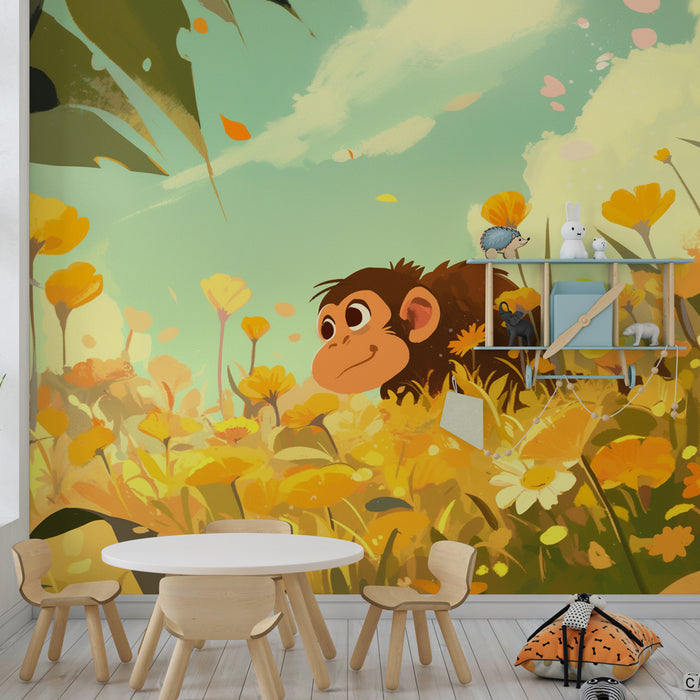 Kinderkamer behang | Aap speler in een bloemenveld
