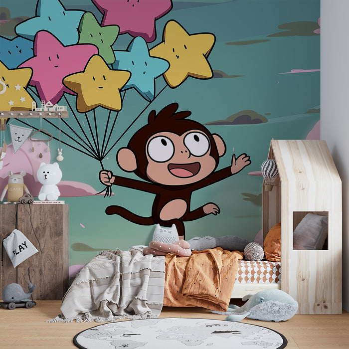 Kinderzimmer Tapete | Fröhlicher Affe mit bunten Sternen in einem träumerischen Himmel
