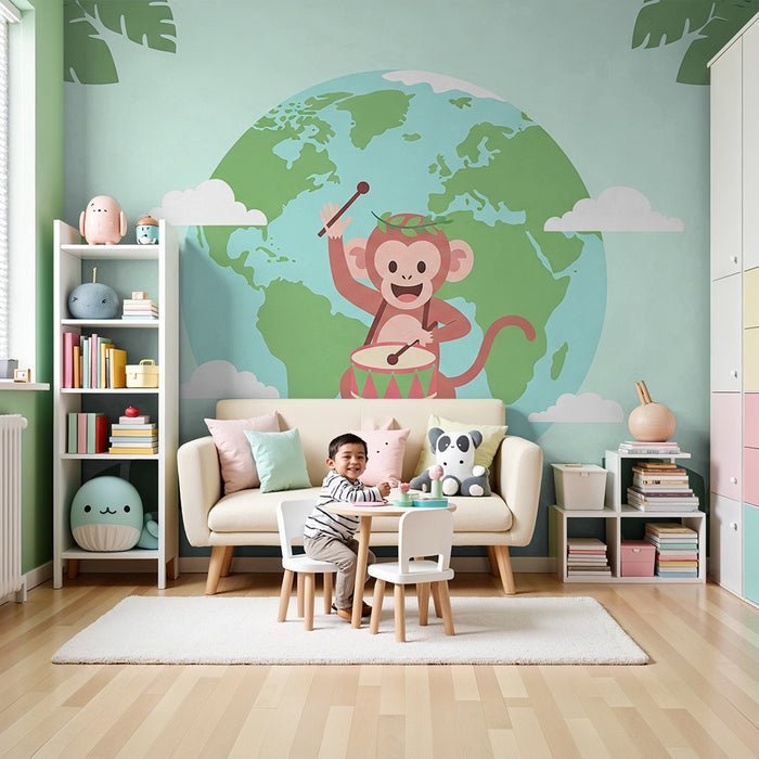 Kids room wallpaper | Happy monkey with drum and globe