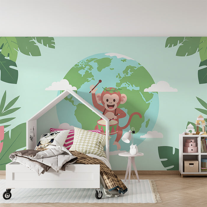 Kids room wallpaper | Happy monkey with drum and globe