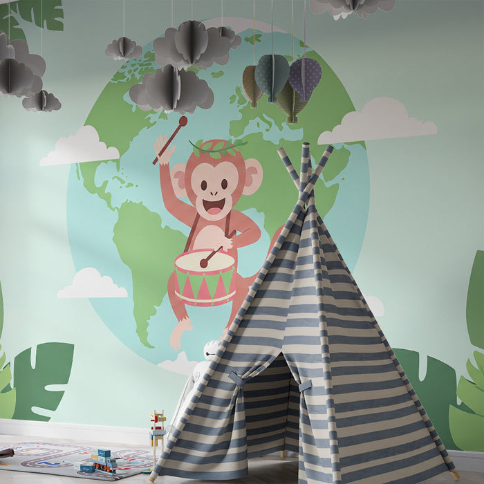 Kids room wallpaper | Happy monkey with drum and globe