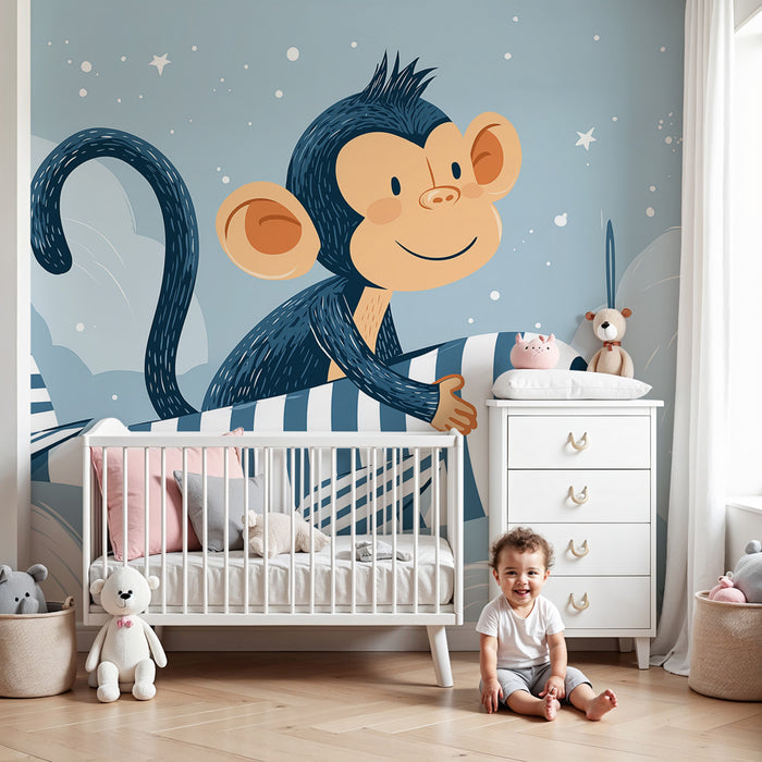 Papier peint chambre enfant | Singe pilote et nuages étoilés