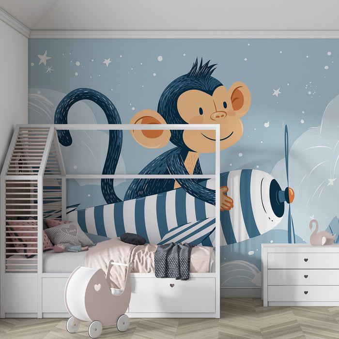 Papier peint chambre enfant | Singe pilote et nuages étoilés