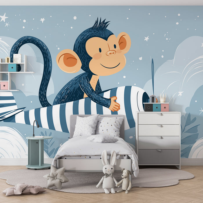 Papier peint chambre enfant | Singe pilote et nuages étoilés