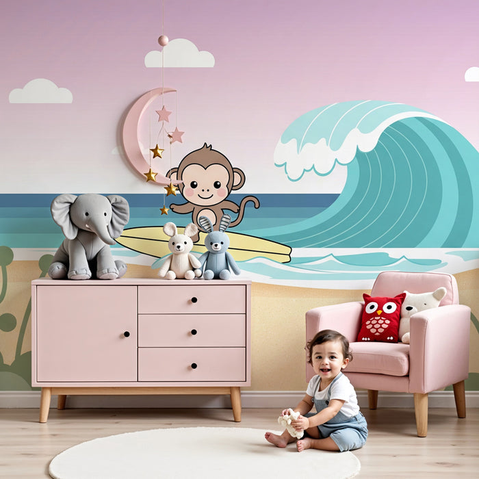Papier peint chambre enfant | Singe sur sa planche de surf