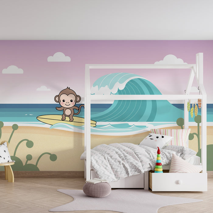 Papier peint chambre enfant | Singe sur sa planche de surf