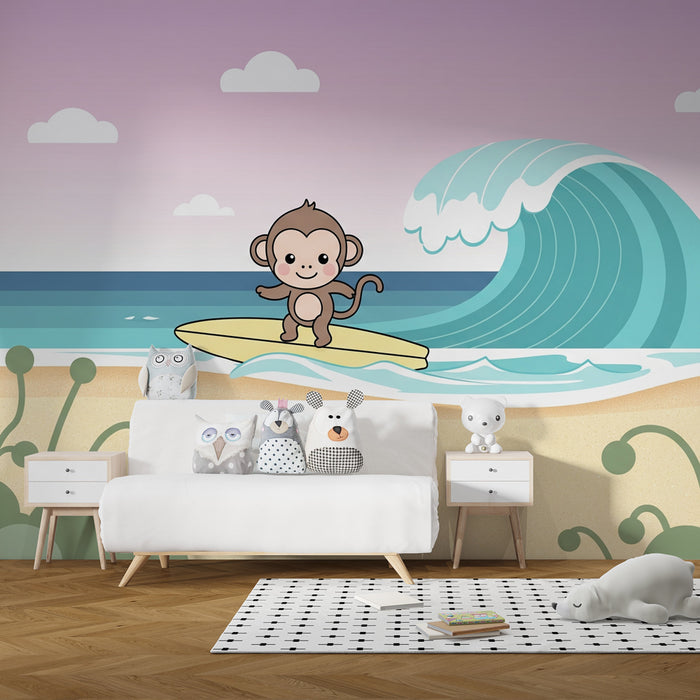 Papier peint chambre enfant | Singe sur sa planche de surf