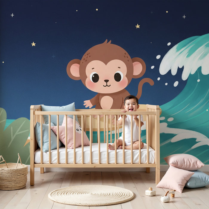 Papier peint chambre enfant | Singe sur une planche de surf sous les étoiles