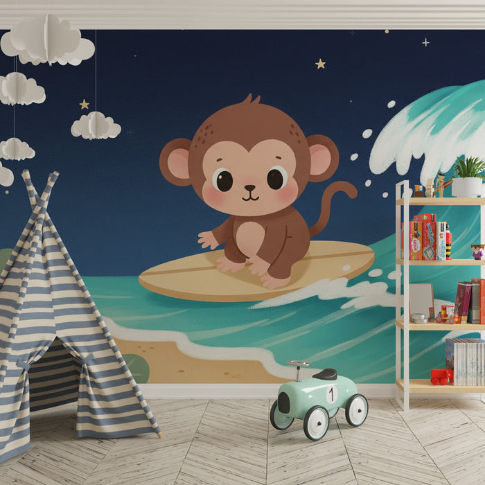 Papier peint chambre enfant | Singe sur une planche de surf sous les étoiles