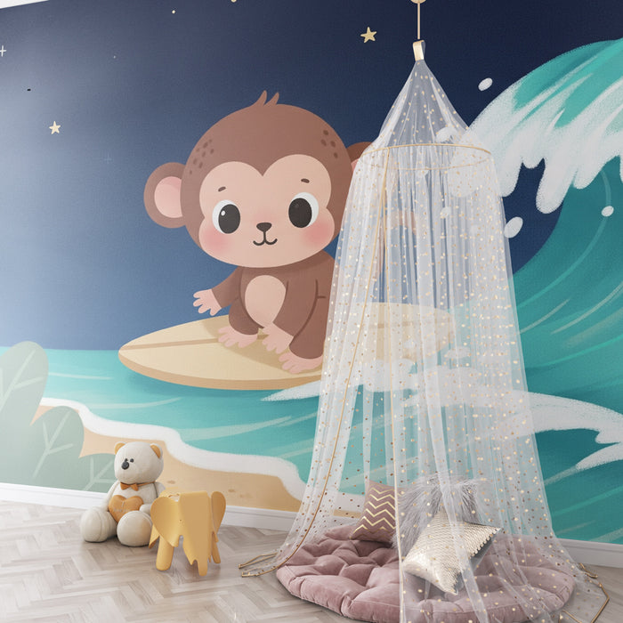 Papier peint chambre enfant | Singe sur une planche de surf sous les étoiles