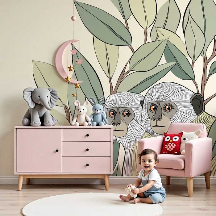 Papier peint chambre enfant | Singes curieux dans la végétation