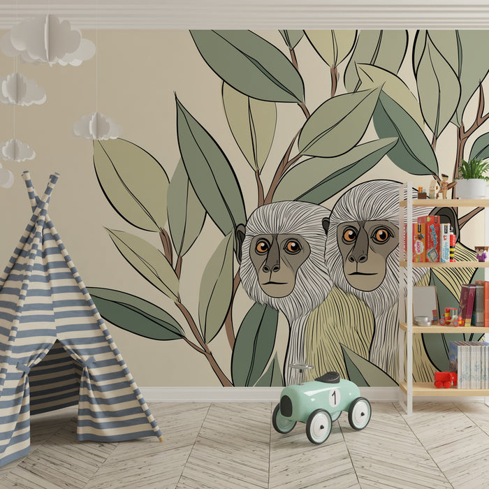 Papier peint chambre enfant | Singes curieux dans la végétation