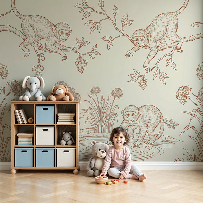 Papel pintado infantil | Monos traviesos en una jungla tranquila