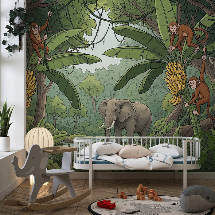 Tapet pentru camera copilului | Maimuțe jucause și elefant în jungla luxuriantă