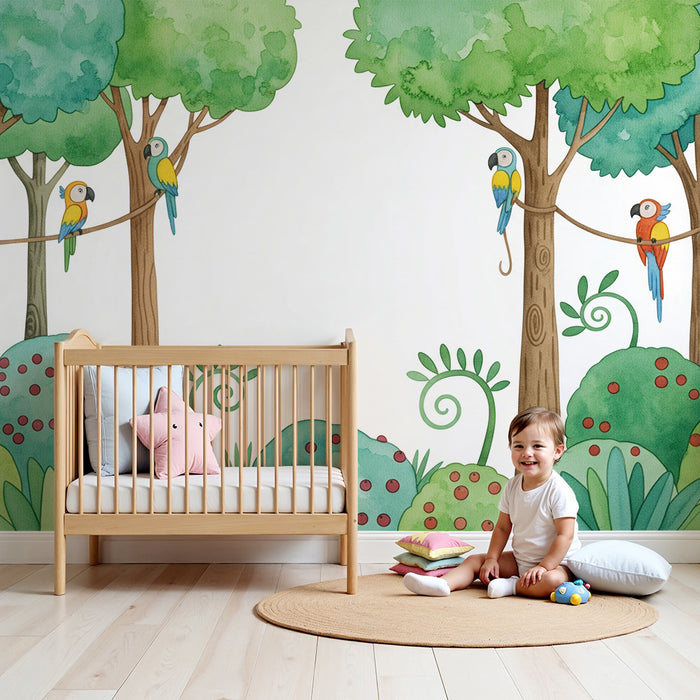 Kids room wallpaper | Playful monkeys and colorful parrots in the jungle