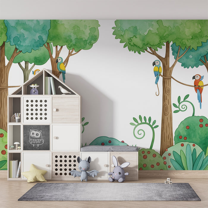 Kids room wallpaper | Playful monkeys and colorful parrots in the jungle