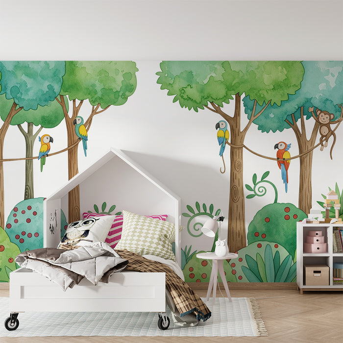 Kids room wallpaper | Playful monkeys and colorful parrots in the jungle