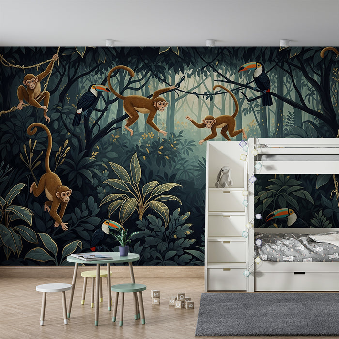 Dětská pokojová tapeta | Hraví opice a tukani v bujném pralese