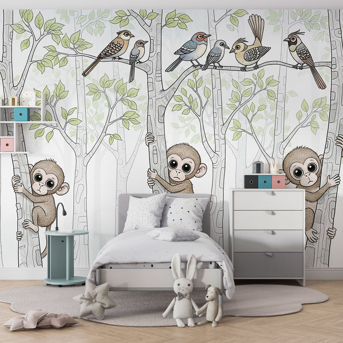 Papier peint chambre enfant | Singes espiègles et volatiles colorés