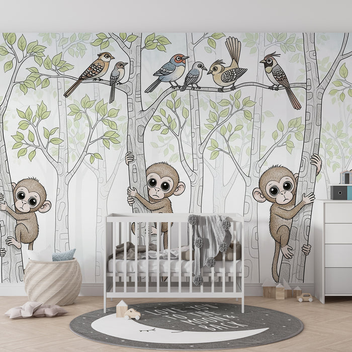 Papier peint chambre enfant | Singes espiègles et volatiles colorés