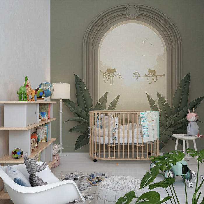Papier peint chambre enfant | Singes espiègles sous un soleil doré avec feuillage tropical