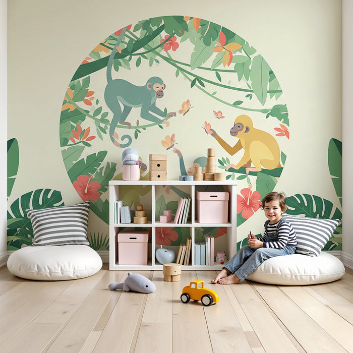 Kids room wallpaper | Playful monkeys and exotic flowers in a tropical setting