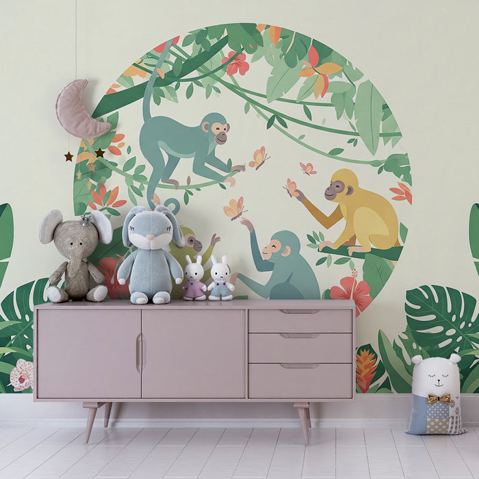 Kids room wallpaper | Playful monkeys and exotic flowers in a tropical setting
