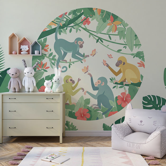 Kids room wallpaper | Playful monkeys and exotic flowers in a tropical setting