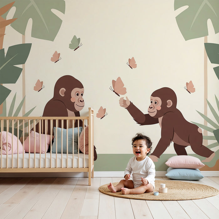 Carta da parati per camera bambini | Scimmiette giocose e farfalle in una giungla colorata