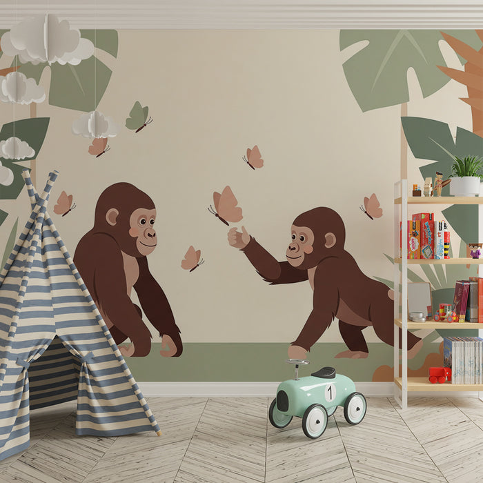 Carta da parati per camera bambini | Scimmiette giocose e farfalle in una giungla colorata