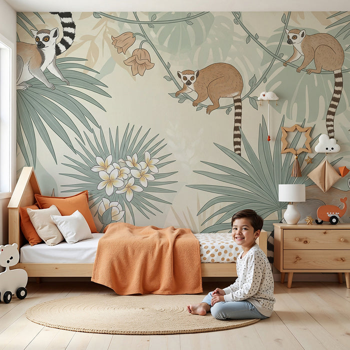 Papel pintado infantil | Monos lémures y follaje tropical