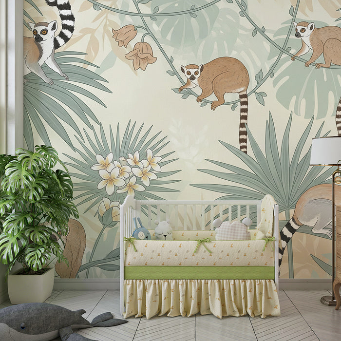 Papel pintado infantil | Monos lémures y follaje tropical