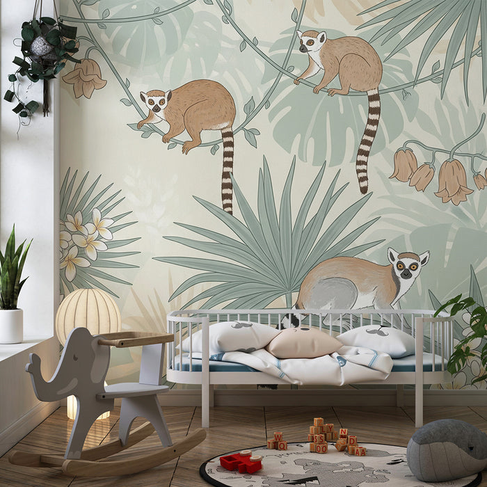 Papel pintado infantil | Monos lémures y follaje tropical