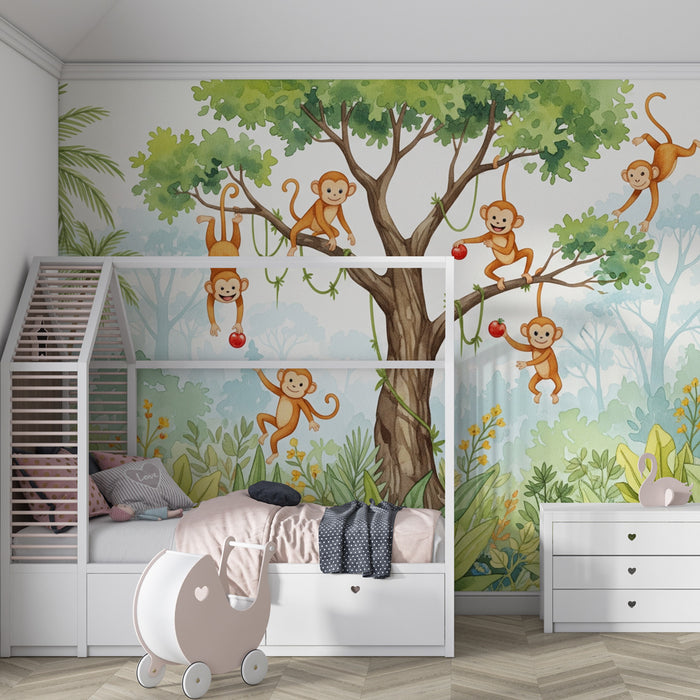 Papier peint chambre enfant | Singes malicieux dans la jungle