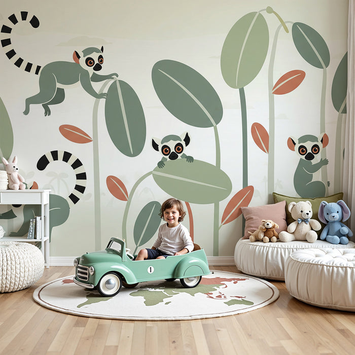 Kinderzimmer Tapete | Schelmische Affen in einem stilisierten Dschungel