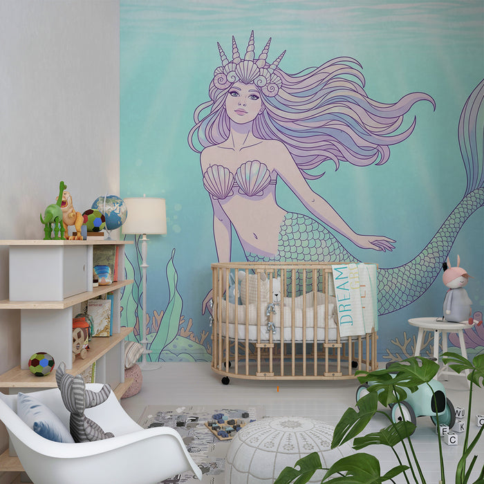 Dětská pokojová tapeta | Kouzelná mořská víla uvnitř oceánu