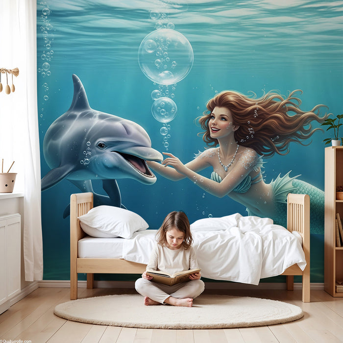 Børneværelse tapet | Havfrue og delfin under havet