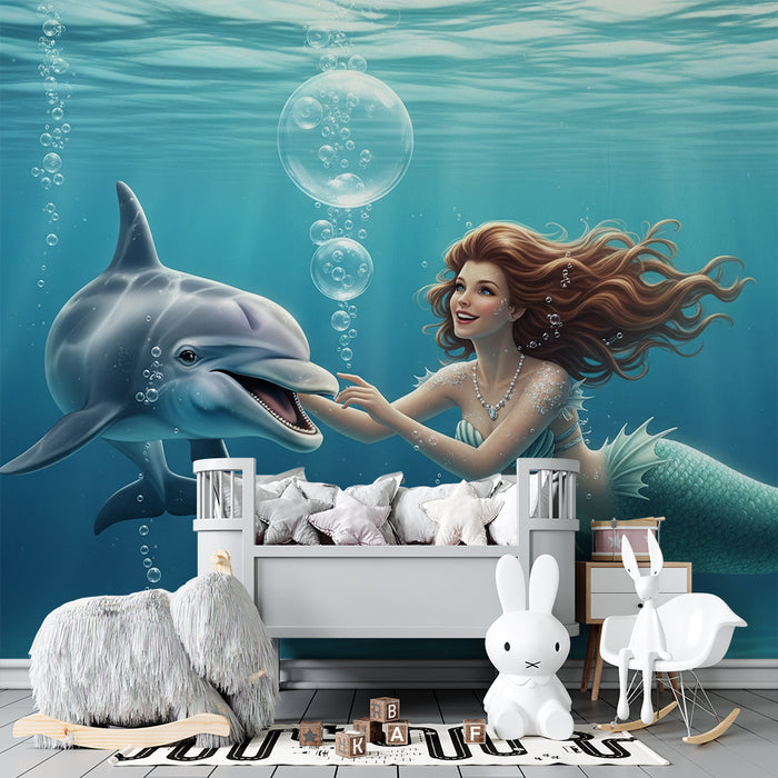 Børneværelse tapet | Havfrue og delfin under havet