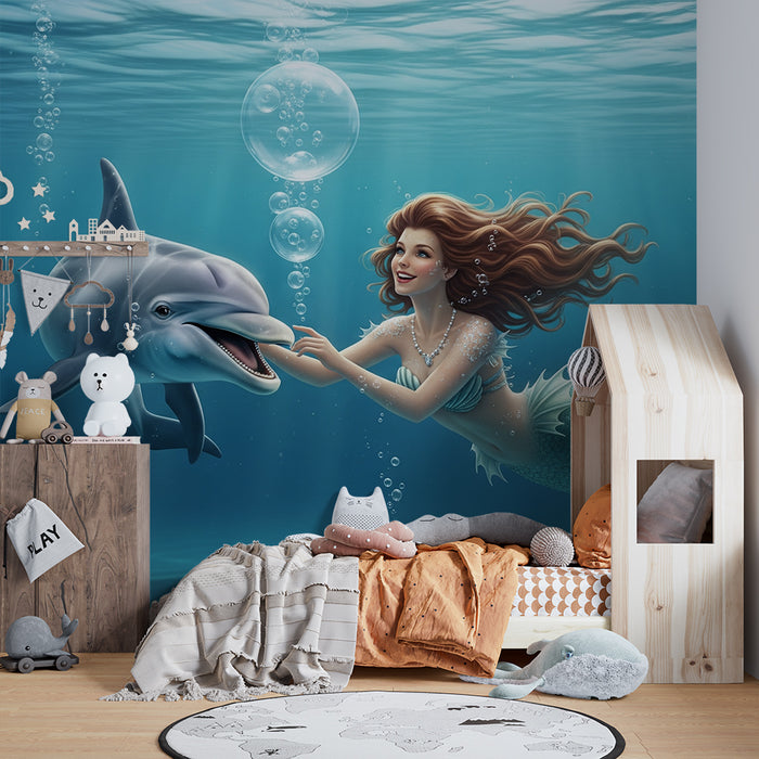 Børneværelse tapet | Havfrue og delfin under havet