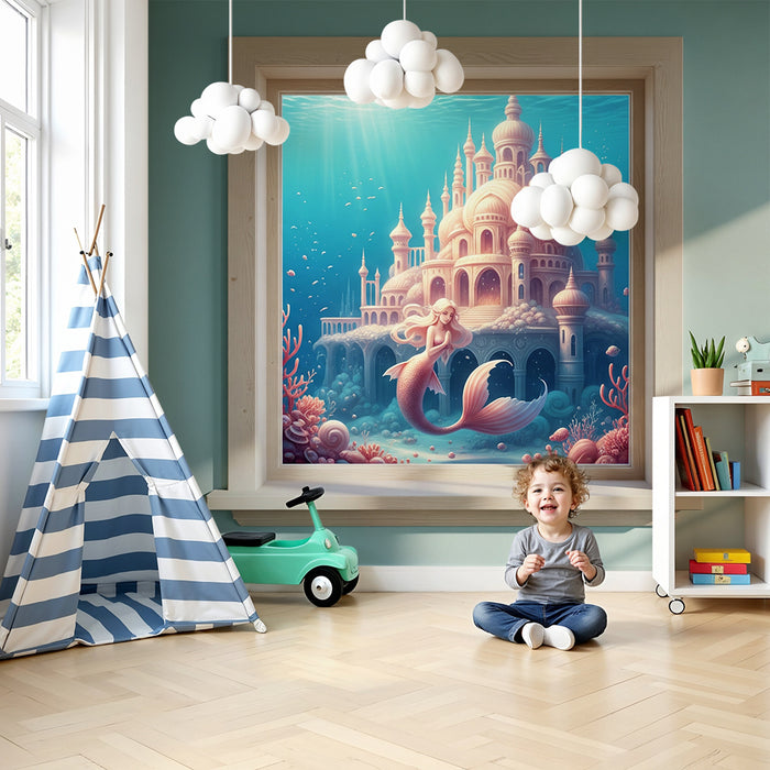 Papier peint chambre enfant | Sirène et palais sous-marin féérique