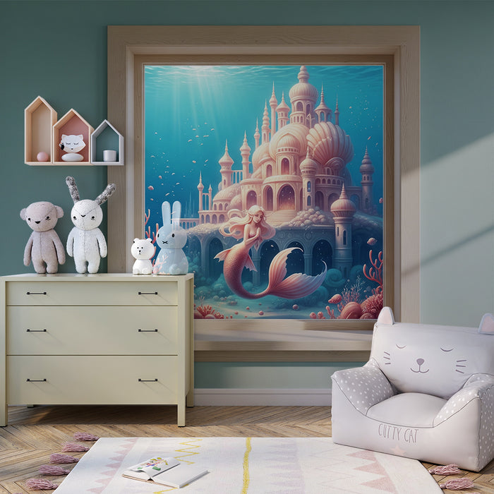 Papier peint chambre enfant | Sirène et palais sous-marin féérique