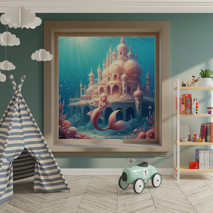 Papier peint chambre enfant | Sirène et palais sous-marin féérique