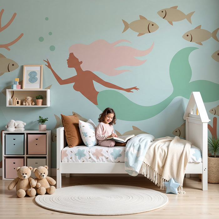 Detská izba tapeta | Sirena a ryby v farebnom oceáne