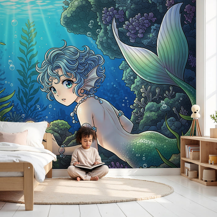 Papel de parede para quarto infantil | Sereia exploradora no fundo do oceano