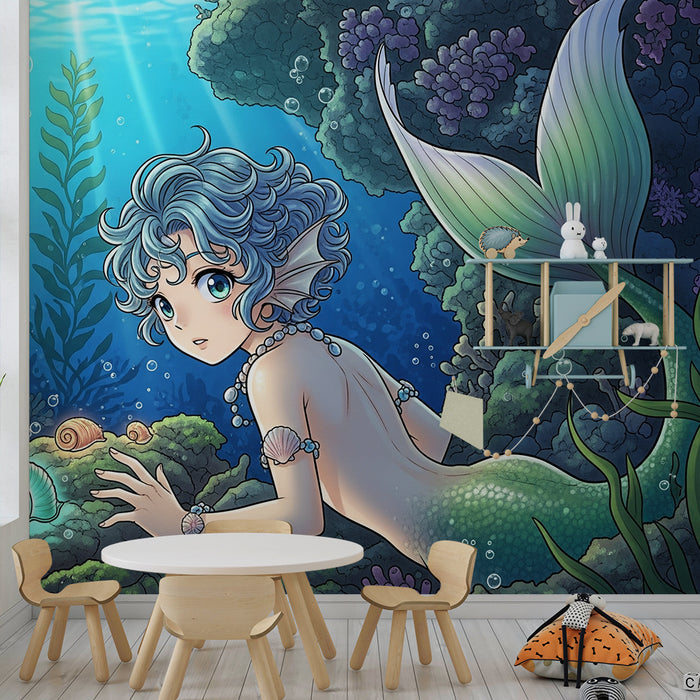 Papel de parede para quarto infantil | Sereia exploradora no fundo do oceano