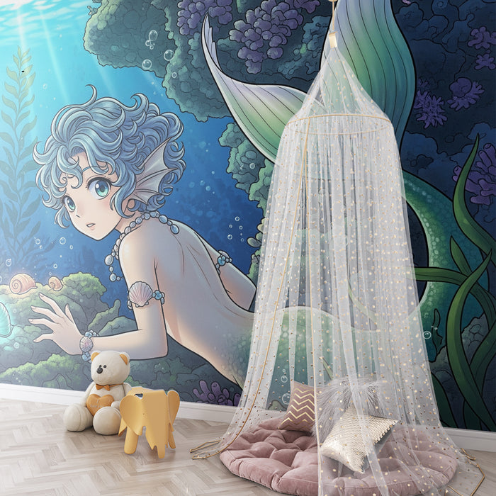 Papel de parede para quarto infantil | Sereia exploradora no fundo do oceano