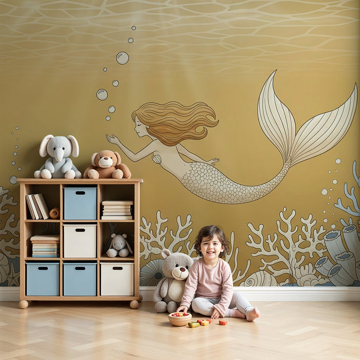 Papel pintado para habitación infantil | Sirena nadando entre corales y conchas
