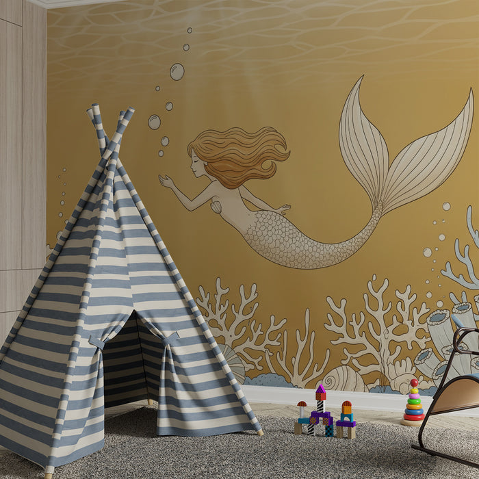 Papel pintado para habitación infantil | Sirena nadando entre corales y conchas