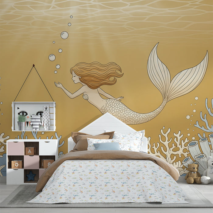 Papel pintado para habitación infantil | Sirena nadando entre corales y conchas