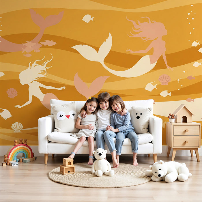 Papier peint chambre enfant | Sirènes et poissons dans un océan doré